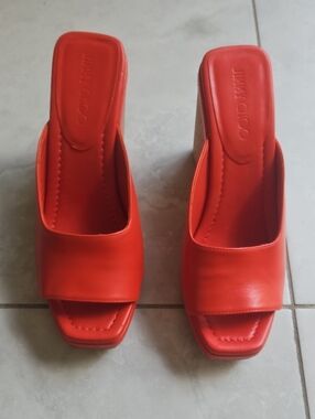 Jimmy Choo Red Leather Square-Toe Slide Mules